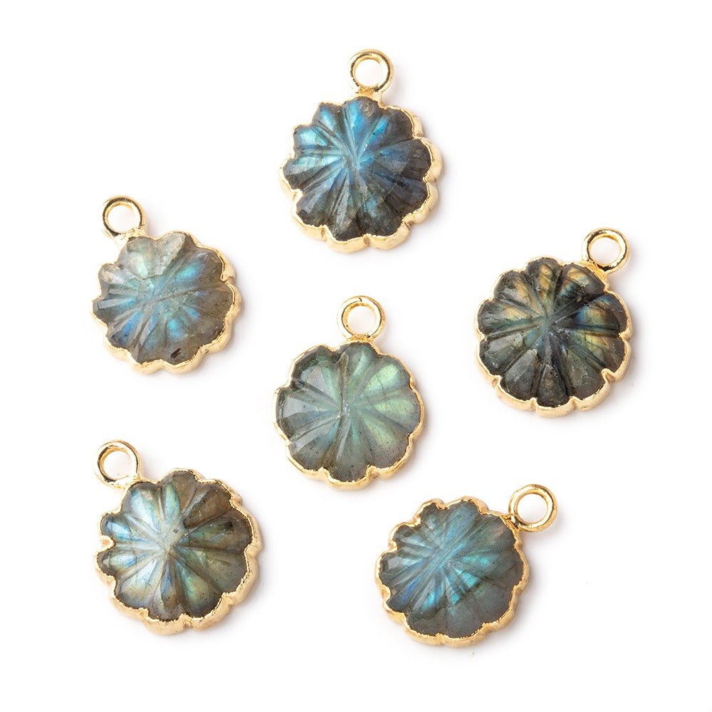 11.5mm Gold Leafed Labradorite Carved Floral Coin Focal Pendant 1 piece