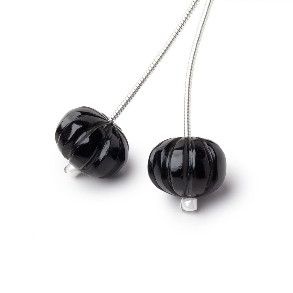 12.5mm Black Chalcedony Carved Melon Focals Set of 2 Beads