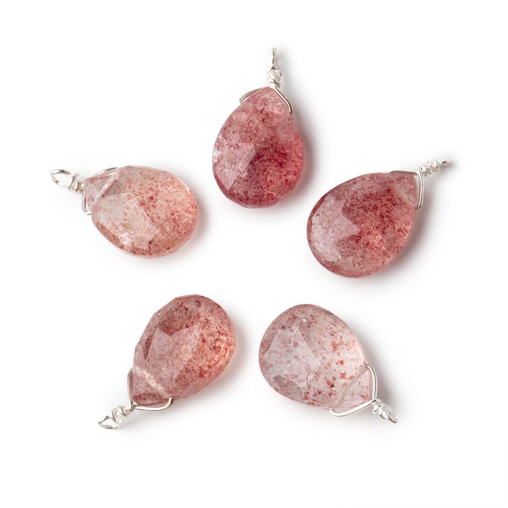 12x9mm Silver Wire Wrapped Strawberry Quartz Faceted Pear 1 Focal Pendant
