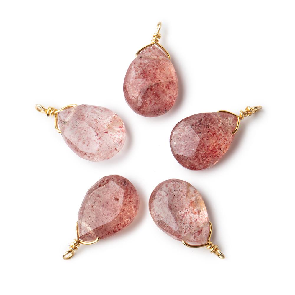 12x9mm Vermeil Wire Wrapped Strawberry Quartz Faceted Pear 1 Focal Pendant