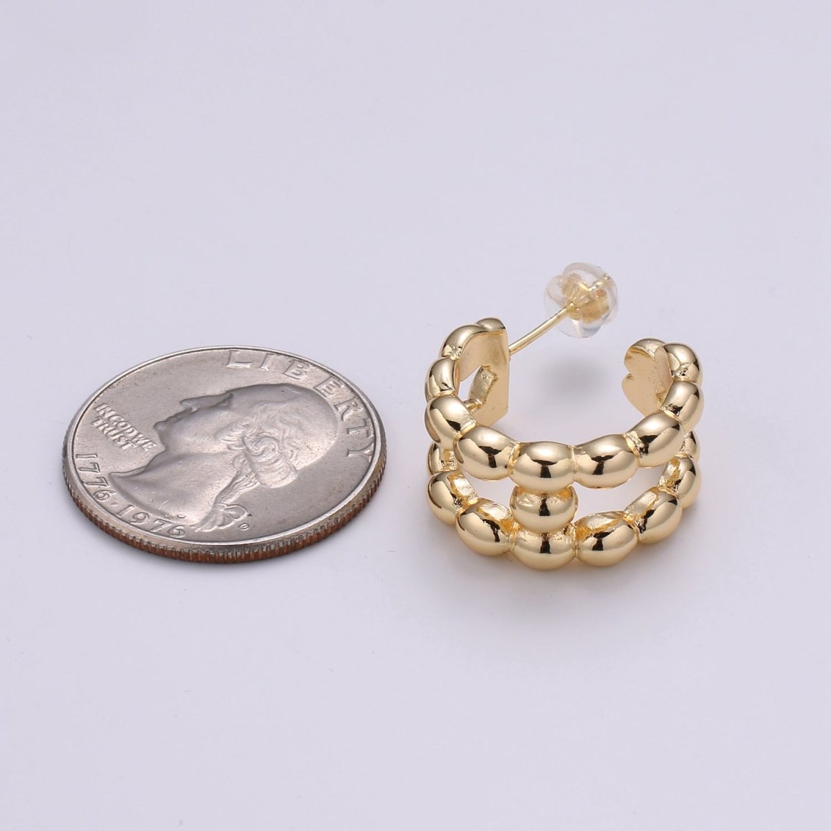 14K Gold Filled 20mm Beaded Bubble Molten Double Band C-Shaped Earrings | P250