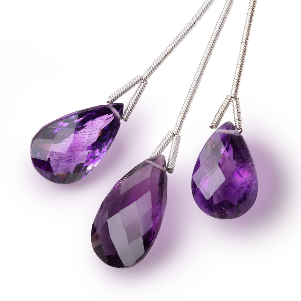 15-19mm Amethyst Pavilion Faceted Pear Set of 3 Focal Beads