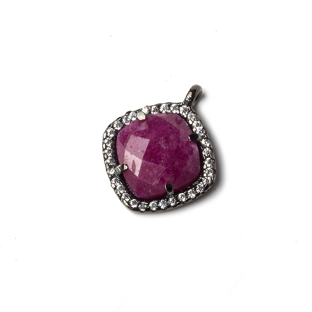 16x16mm Black Gold Bezeled White CZ and Ruby Pillow Pendant 1 piece