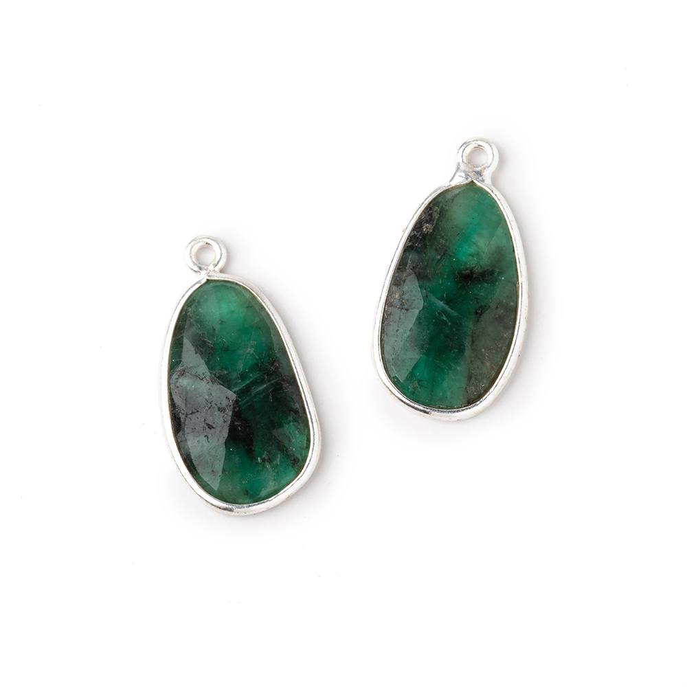 19x12mm .925 Silver Bezel Emerald Faceted Freeform Set of 2 Pendants