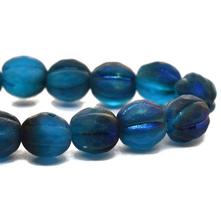 6mm Faceted Melon Matte Pacific Blue with Blue Luster and Blue Wash