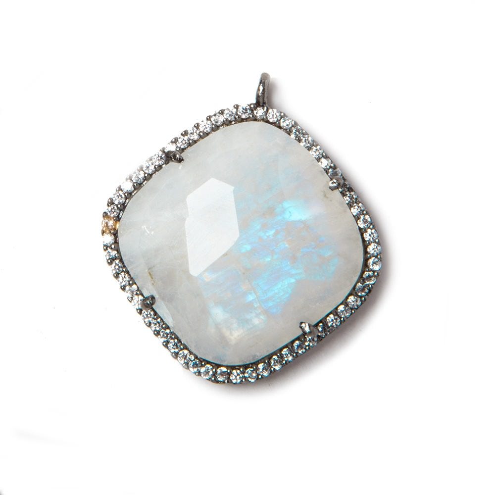 20.5mm Black Gold Bezeled White CZ & Rainbow Moonstone Pillow Pendant 1 pc
