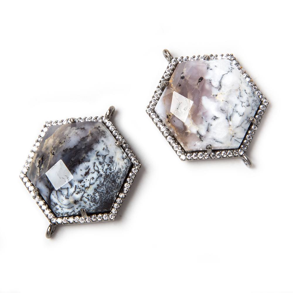 21mm Black Gold Bezeled White CZ & Dendritic Opal Hexagon Connector 1 pc