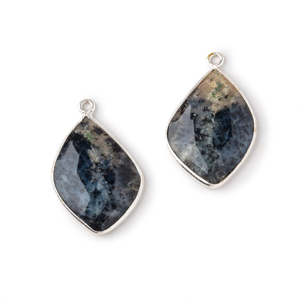 23x17mm .925 Silver Bezel Dendritic Opal Faceted Freeform Set of 2 Pendants