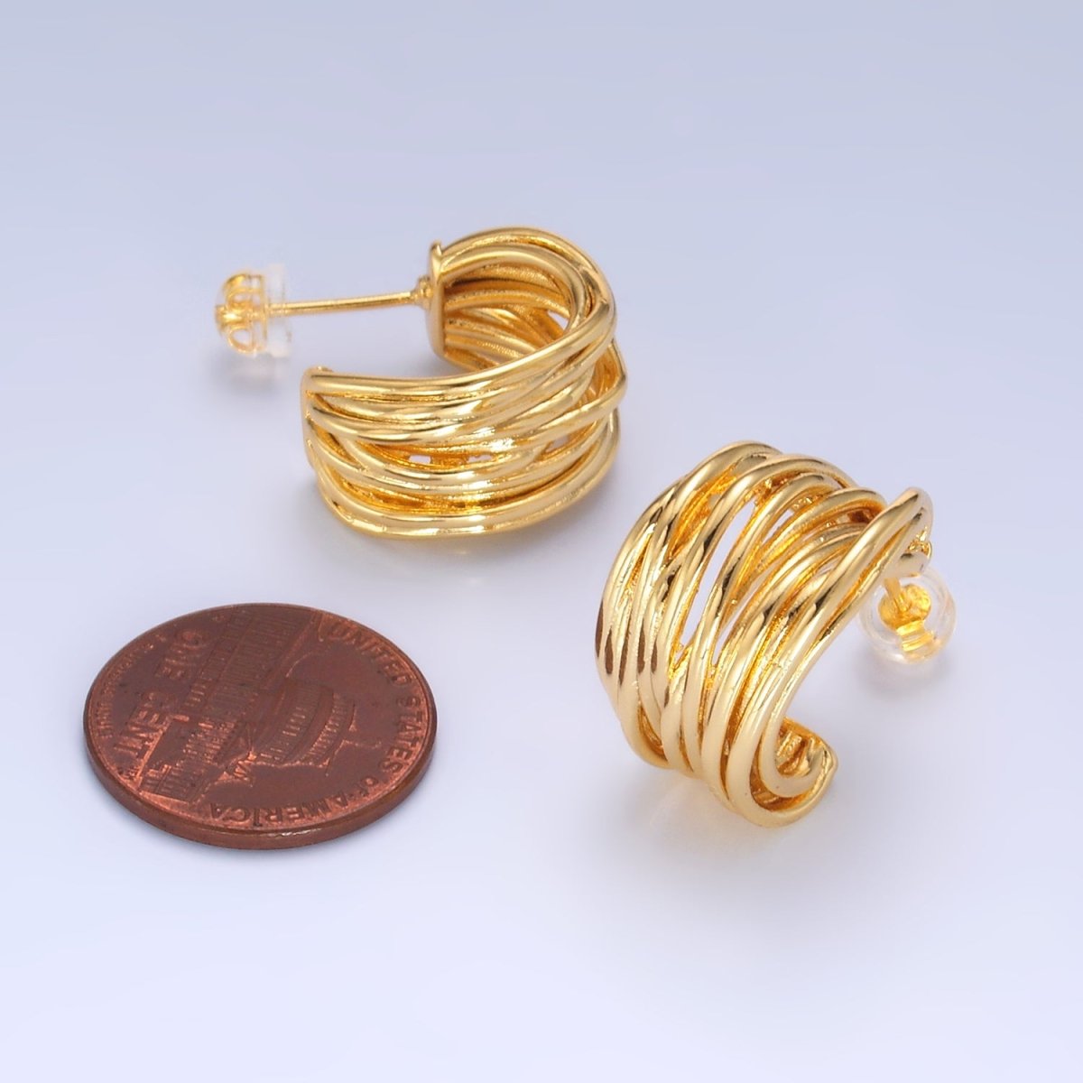 24K Gold Filled 20mm Multiple Linear Lined C-Shaped Hoop Earrings | AB082