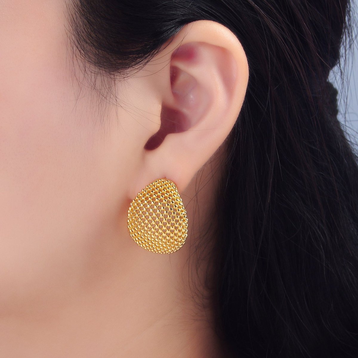 24K Gold Filled 27mm Dotted Dome Geometric C-Shaped Hoop Earrings | P130