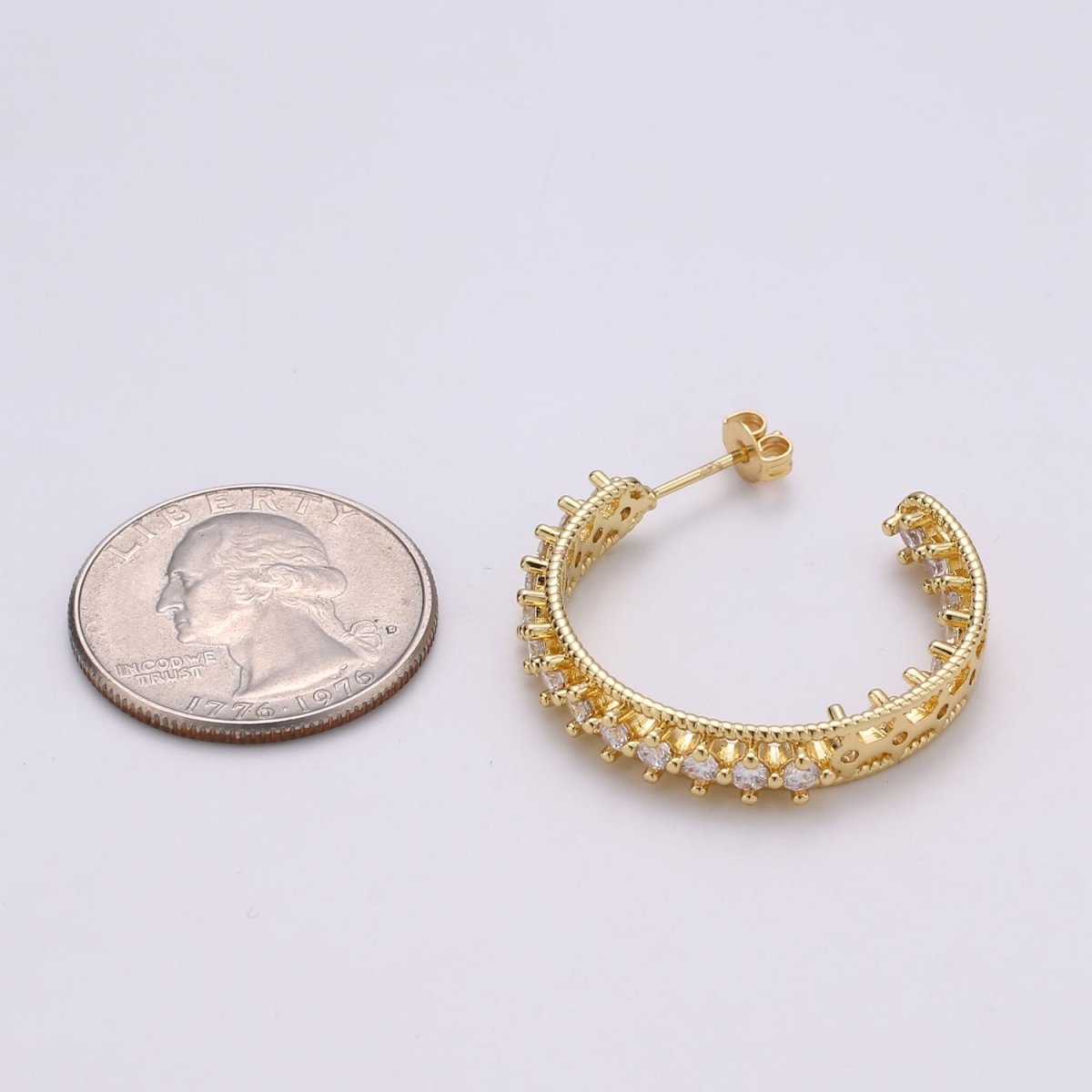 24K Gold Filled 30mm Clear CZ Front-Facing C-Shaped Hoop Earrings | Q420