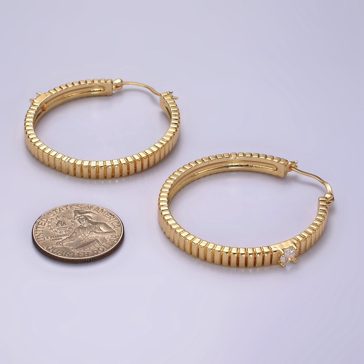 24K Gold Filled 50mm Clear CZ Ribbed Latch Hoop Earrings | AE346