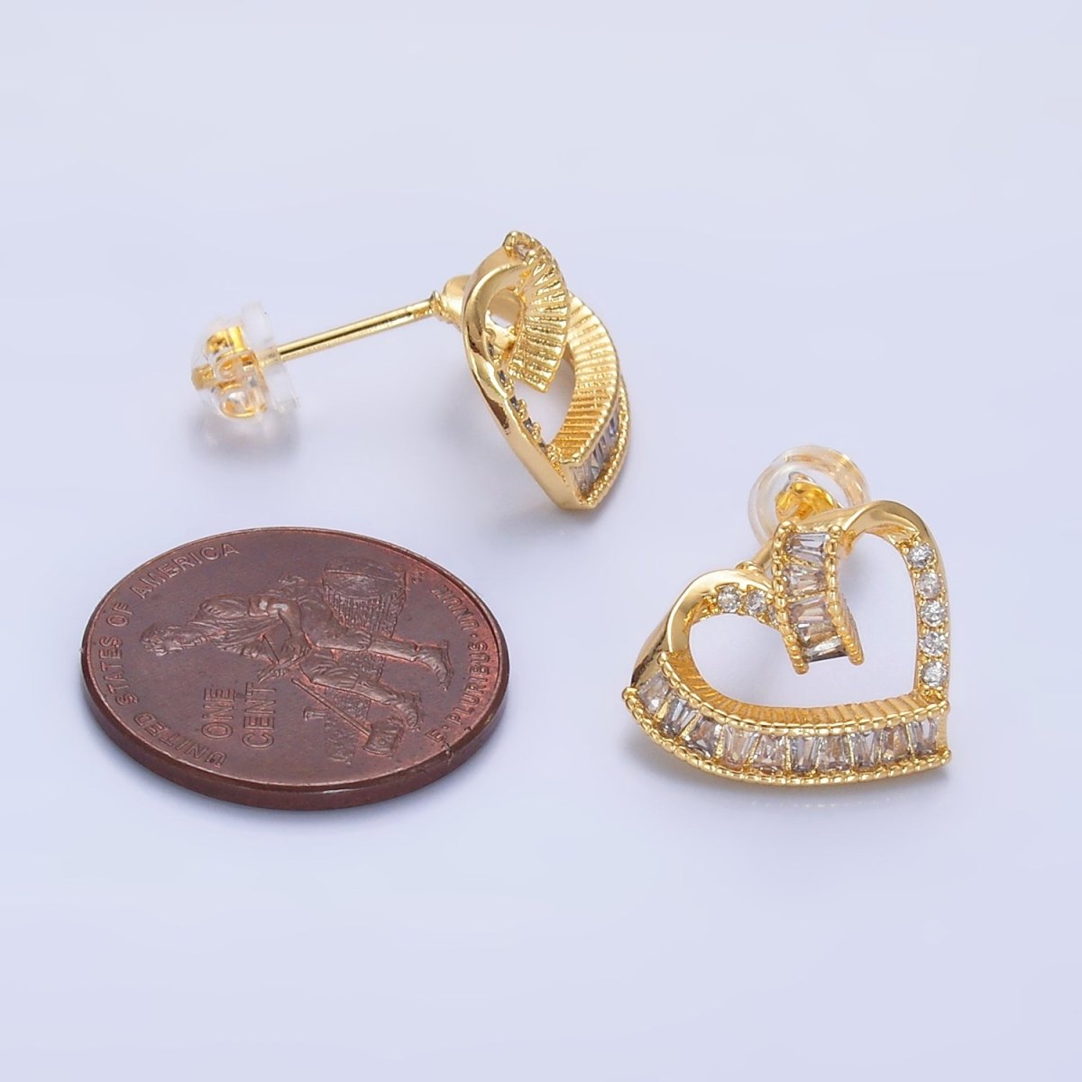 24K Gold Filled Baguette Micro Paved CZ Heart Stud Earrings Set | AB1021