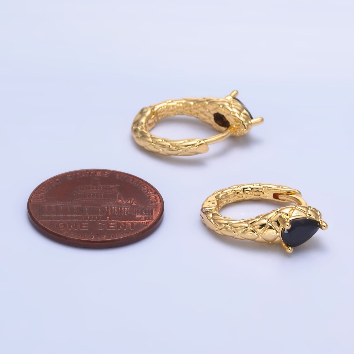 24K Gold Filled Black CZ Teardrop Quilted Scaled Snake Huggie Earrings | AB1461