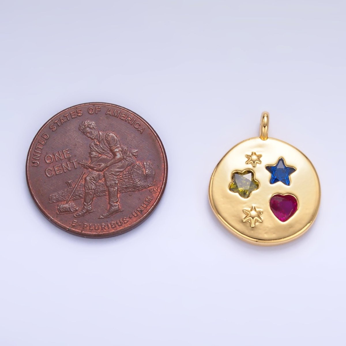 24K Gold Filled Celestial Star Flower Heart CZ Dotted Round Charm | W411