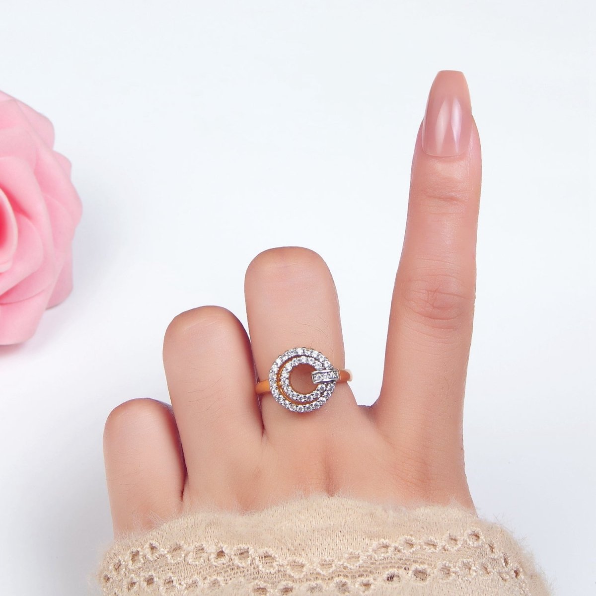 24K Gold Filled Circular Buckle Open Band Mixed Metal Ring | O1427