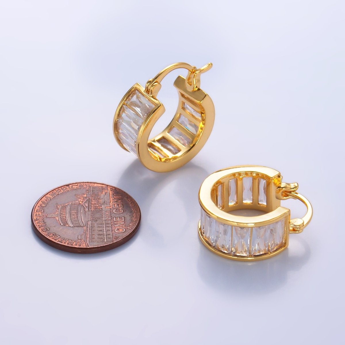 24K Gold Filled Clear CZ Baguette Latch Hoop Earrings | AB983