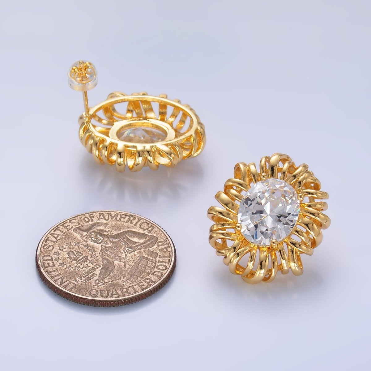 24K Gold Filled Clear CZ Celestial Sun Ray Stud Earrings | AB077