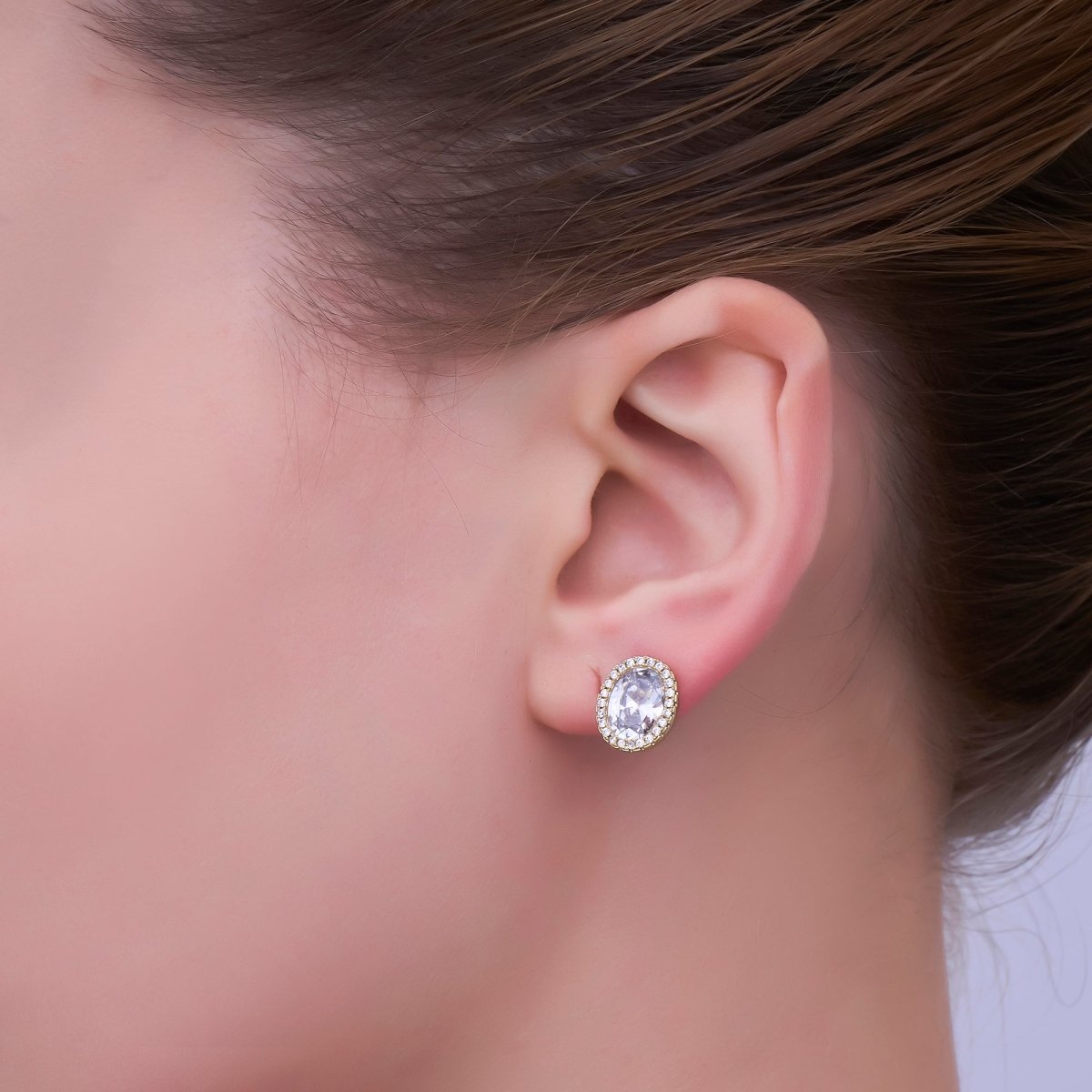 24K Gold Filled Clear CZ Micro Paved Oval Stud Earrings | T015