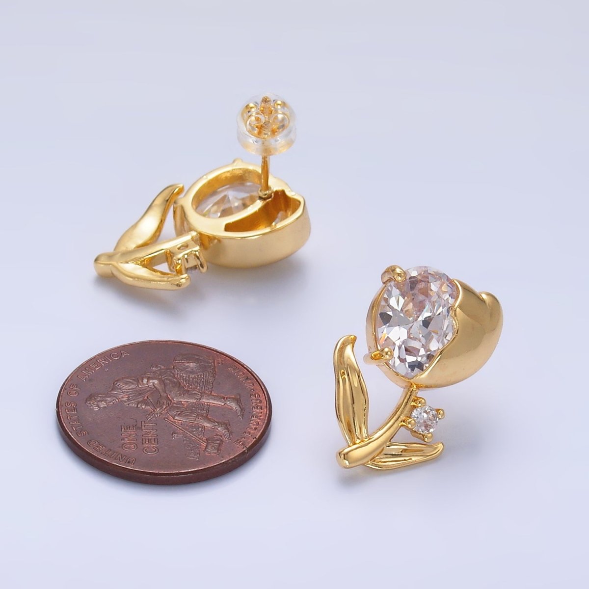 24K Gold Filled Clear CZ Tulip Flower Stud Earrings | AB793