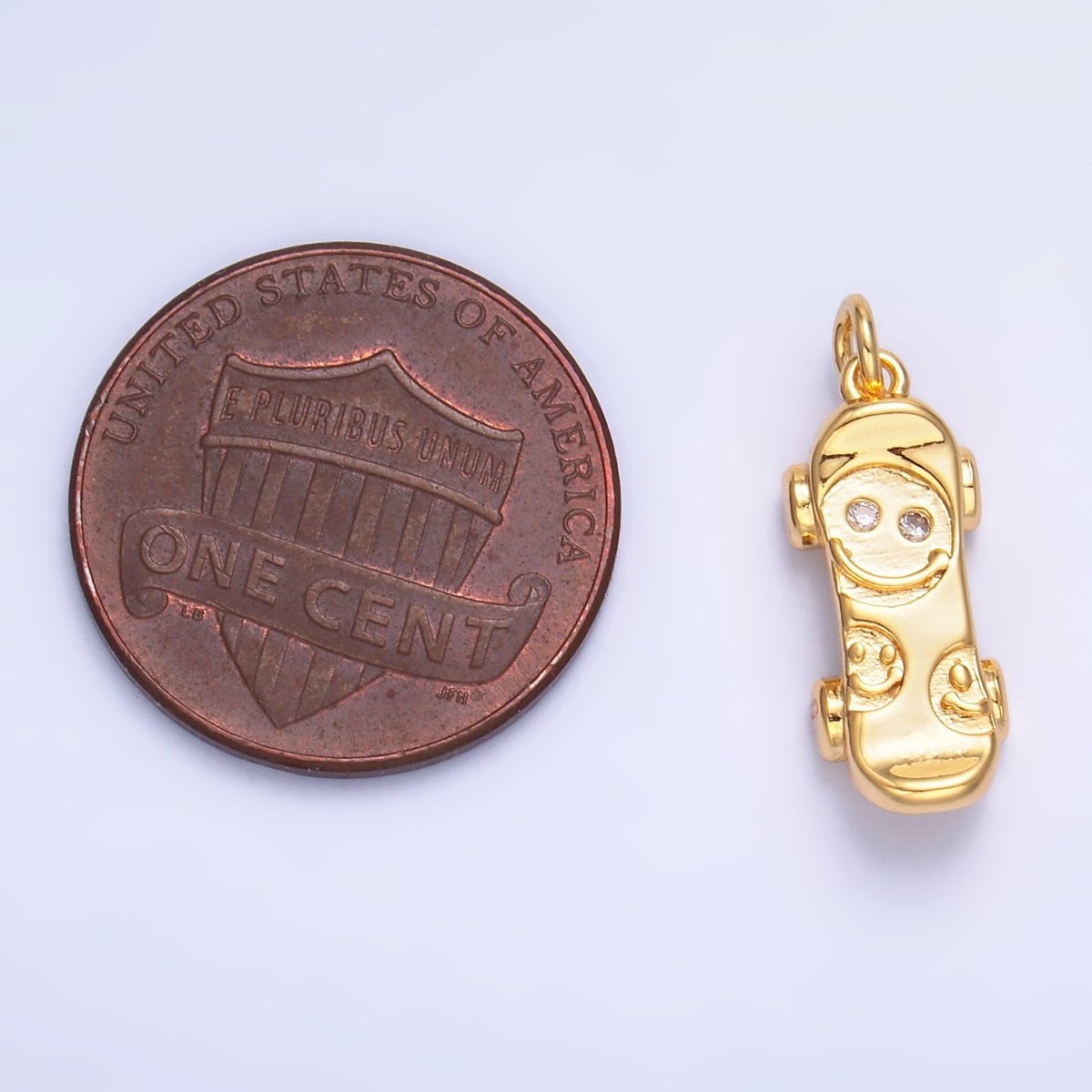 24K Gold Filled CZ Smiley Face Skateboard Charm in Gold & Silver | W792