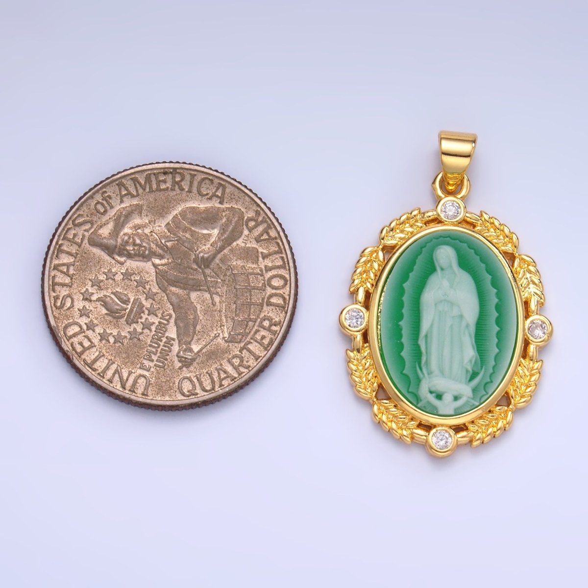 24K Gold Filled CZ Virgin Mary Flower Leaf Outline Oval Religious Pendant | AA867