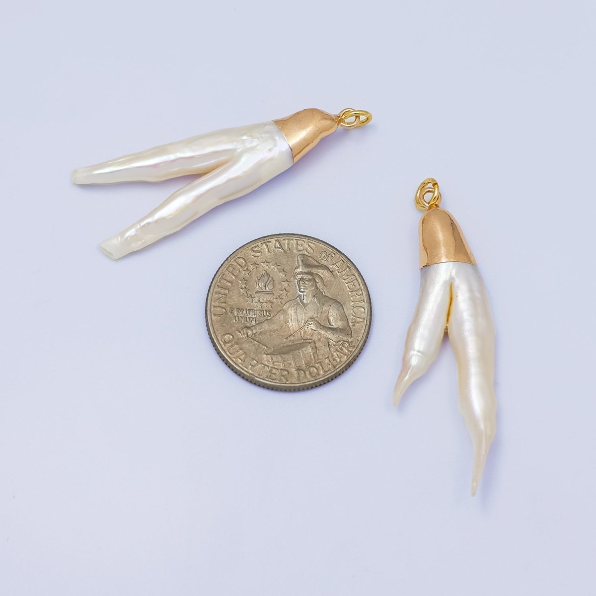 24K Gold Filled Double Biwa V White Freshwater Pearl Foil Charm | P1941