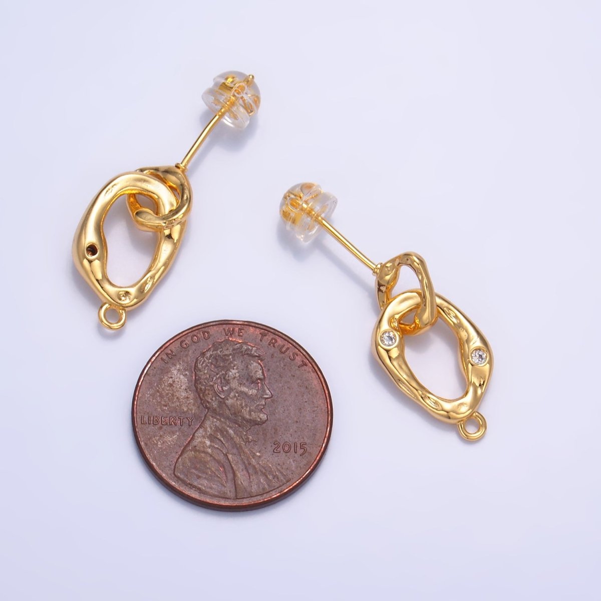 24K Gold Filled Double CZ Hammered Loop Drop Stud Earrings Findings | Z1012