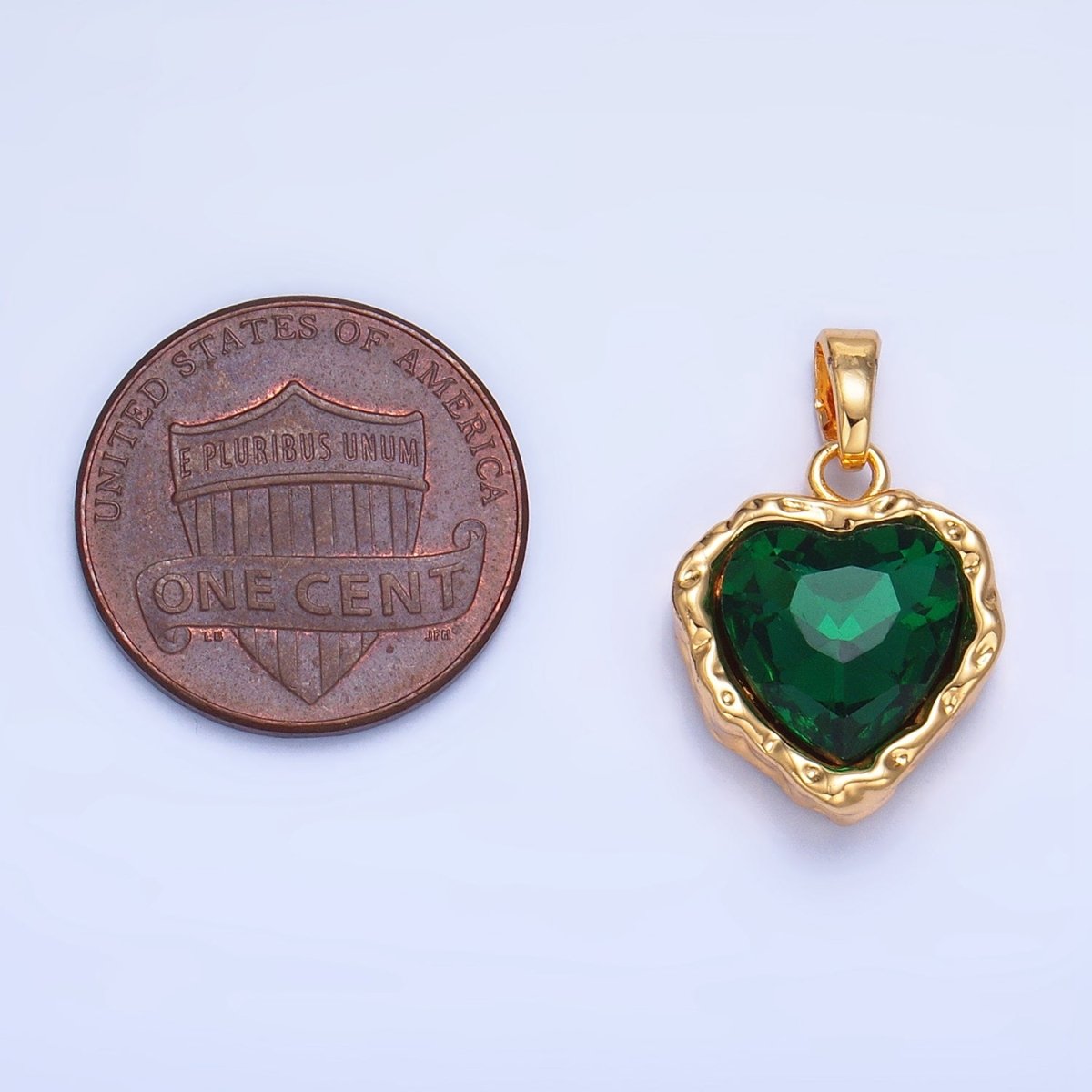 24K Gold Filled Heart Green CZ Molten Hammered Bezel Pendant | AA1194