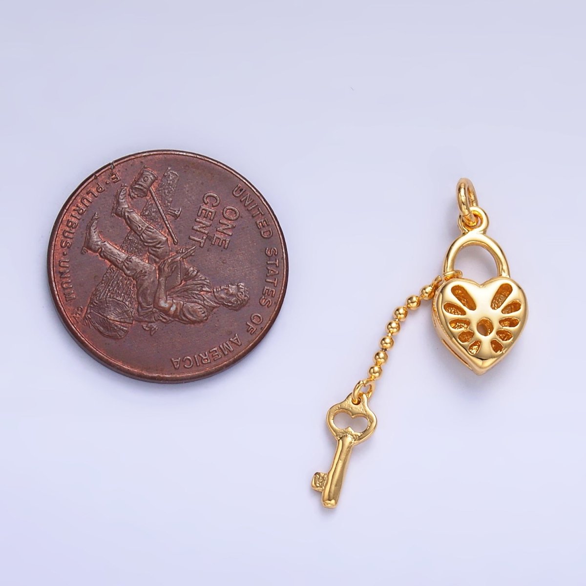24K Gold Filled Heart Padlock Dotted Key Charm Set | W402