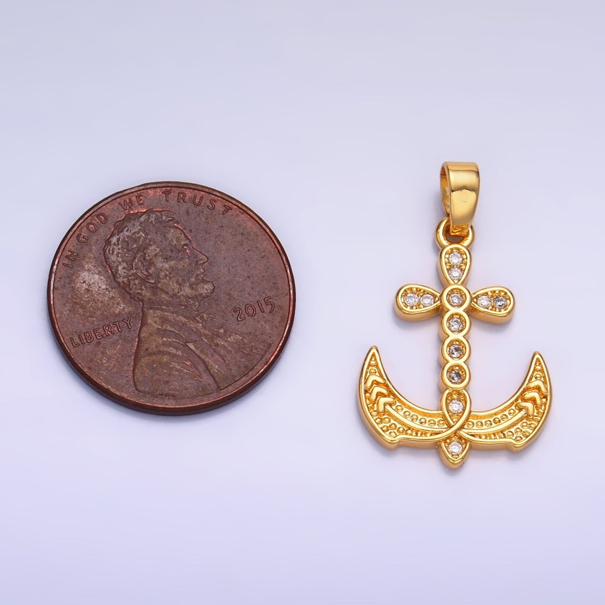 24K Gold Filled Micro Paved CZ Artisan Cross Anchor Pendant | AA1060