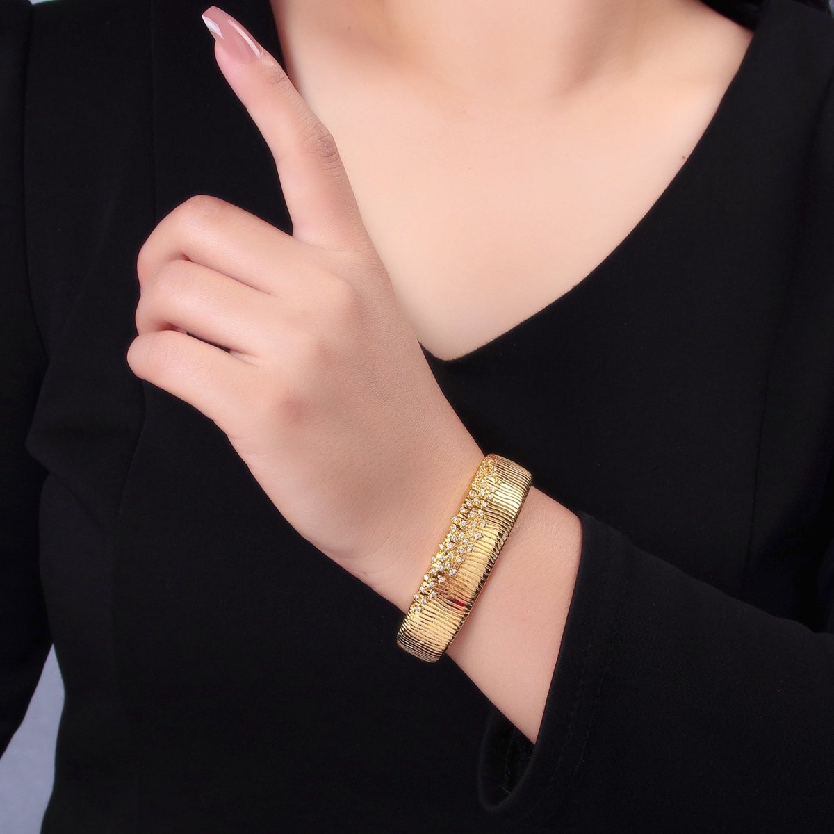 24K Gold Filled Micro Paved CZ Ribbed Cuff Bracelet | WA-2683