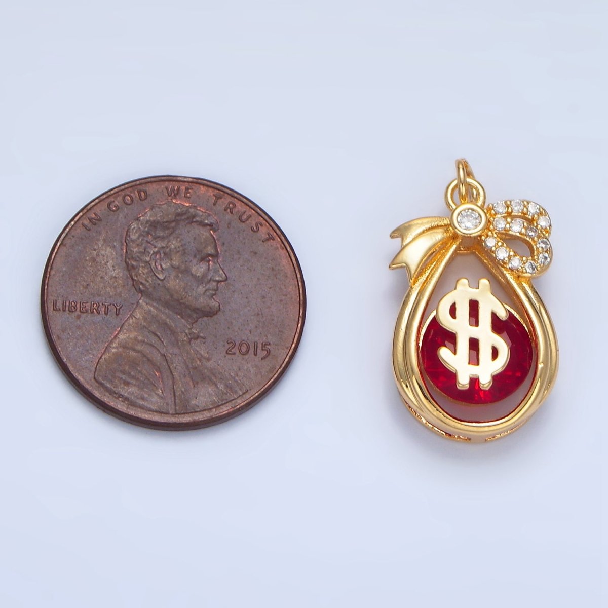 24K Gold Filled Money Bag Dollar Red CZ Micro Paved Open Teardrop Charm | W083