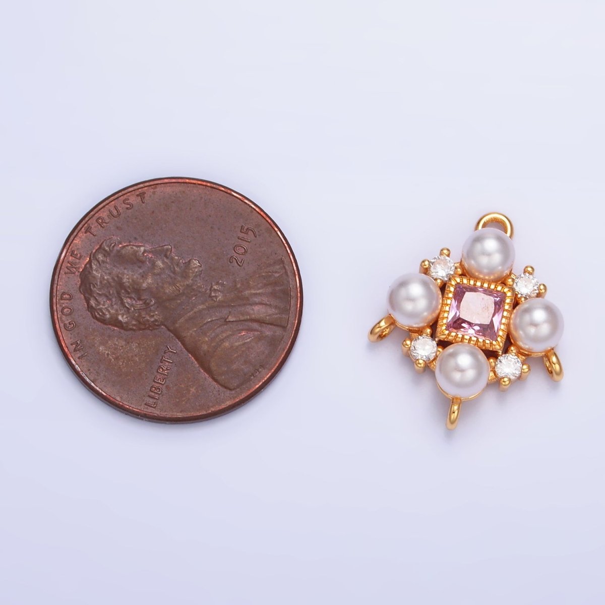 24K Gold Filled Pink CZ Shell Pearl Geometric Connector | Y001