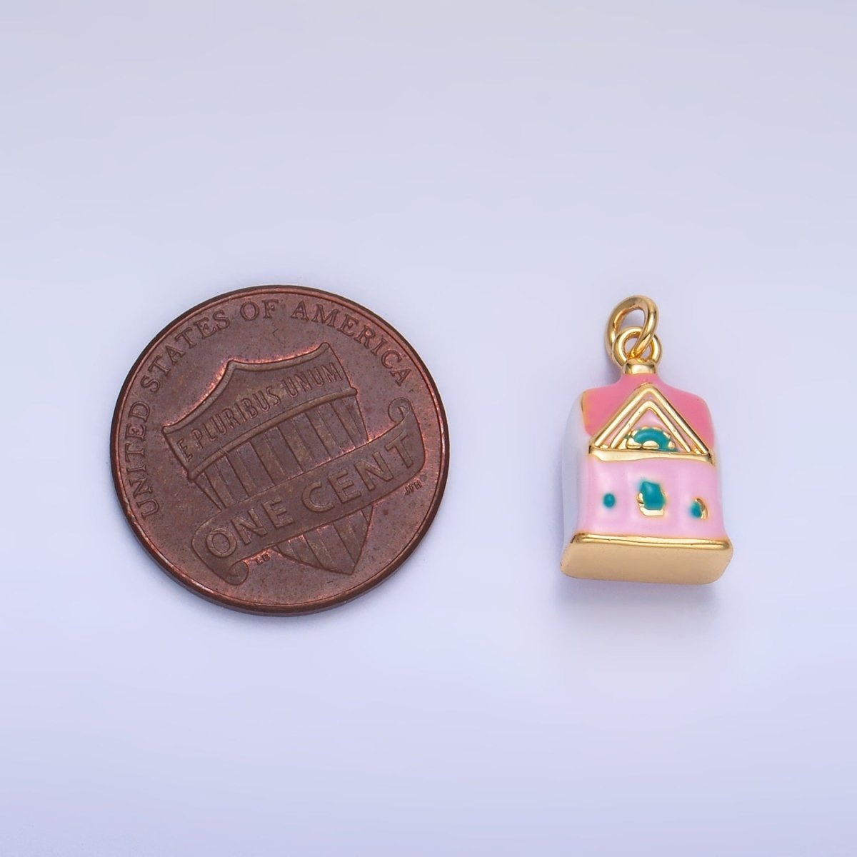 24K Gold Filled Pink House Enamel Ceramic Multidimensional 3D Drop Charm | W251