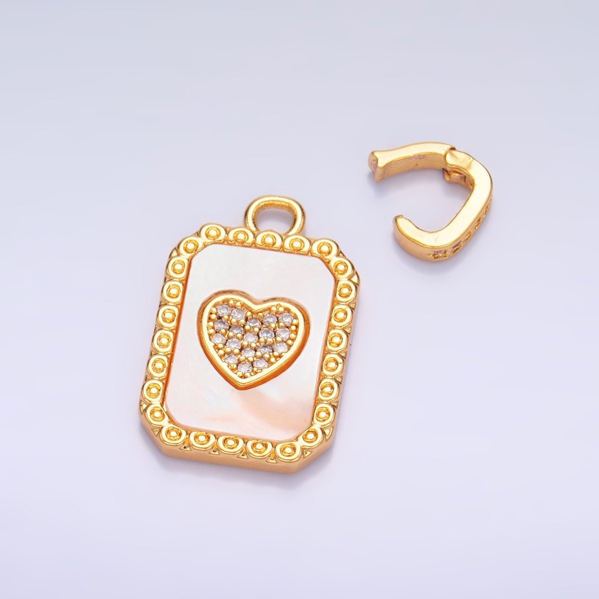 24K Gold Filled Red Carnelian, Shell Pearl Heart Micro Paved Snap Bail Pendant | AA1056