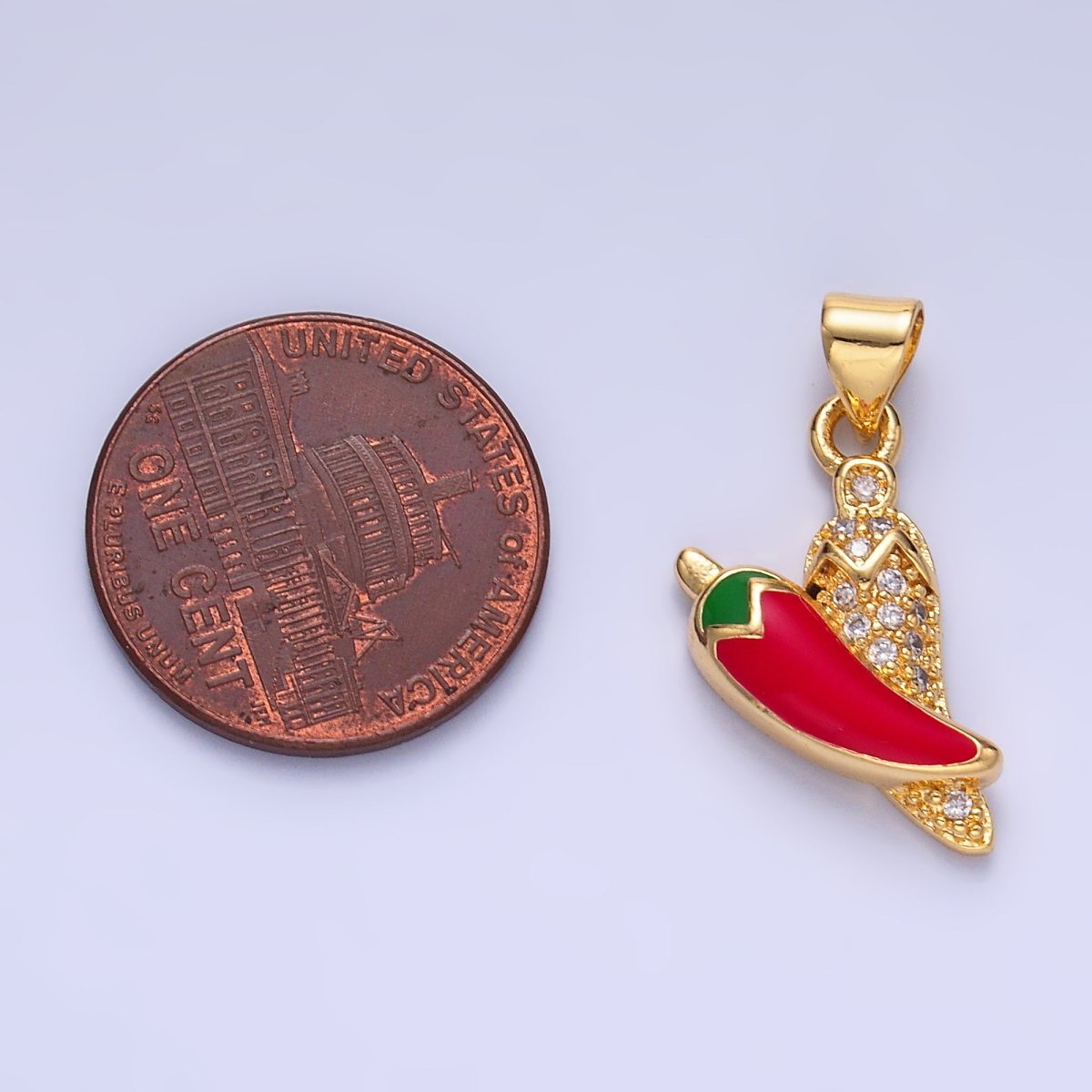 24K Gold Filled Red Enamel Micro Paved CZ Chili Pepper Pendant | AA1153