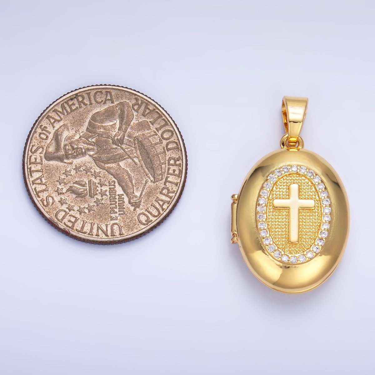 24K Gold Filled Religious Cross Micro Paved CZ Oval Locket Pendant | AA1087