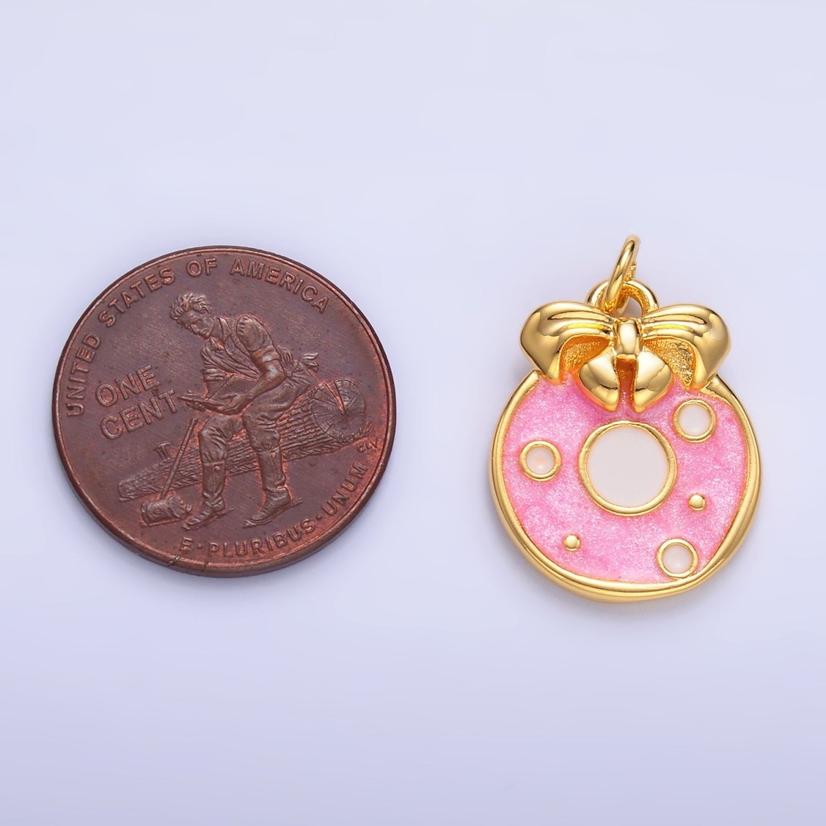 24K Gold Filled Ribbon Sweet Donut Pink Enamel Charm | W441