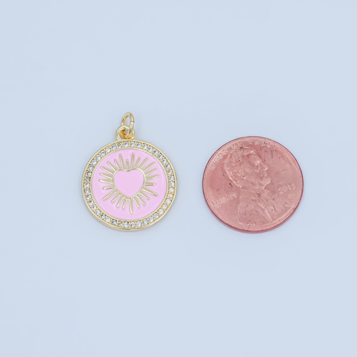 24K Gold Filled Sacred Heart Pink Enamel Micro Paved Round Charm | M185