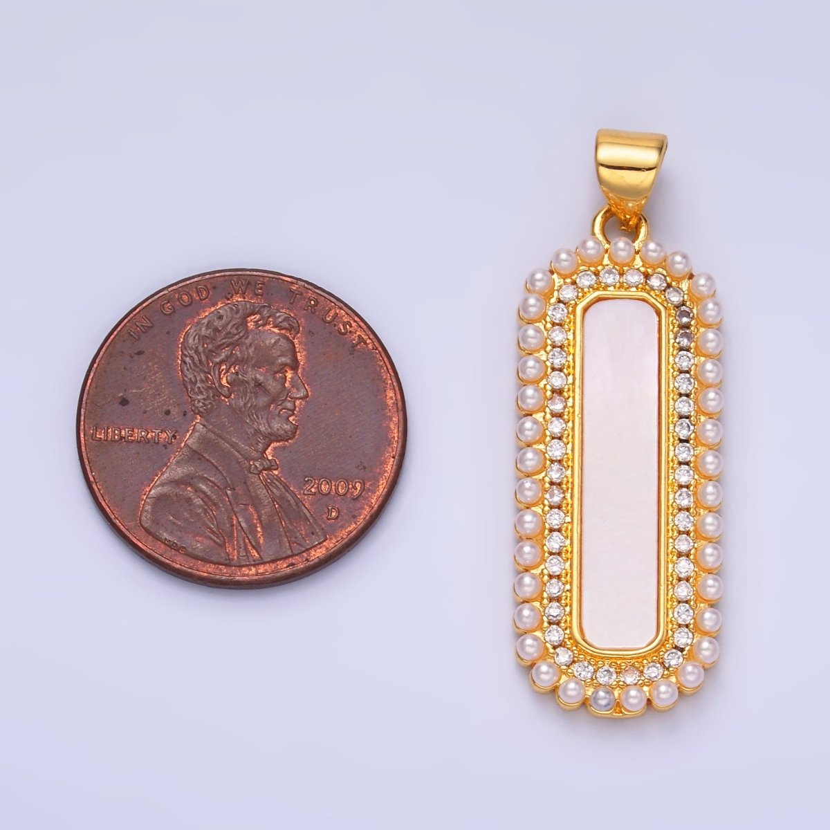 24K Gold Filled Shell Pearl Micro Paved CZ Lined Rectangular Tag Pendant | AA1204