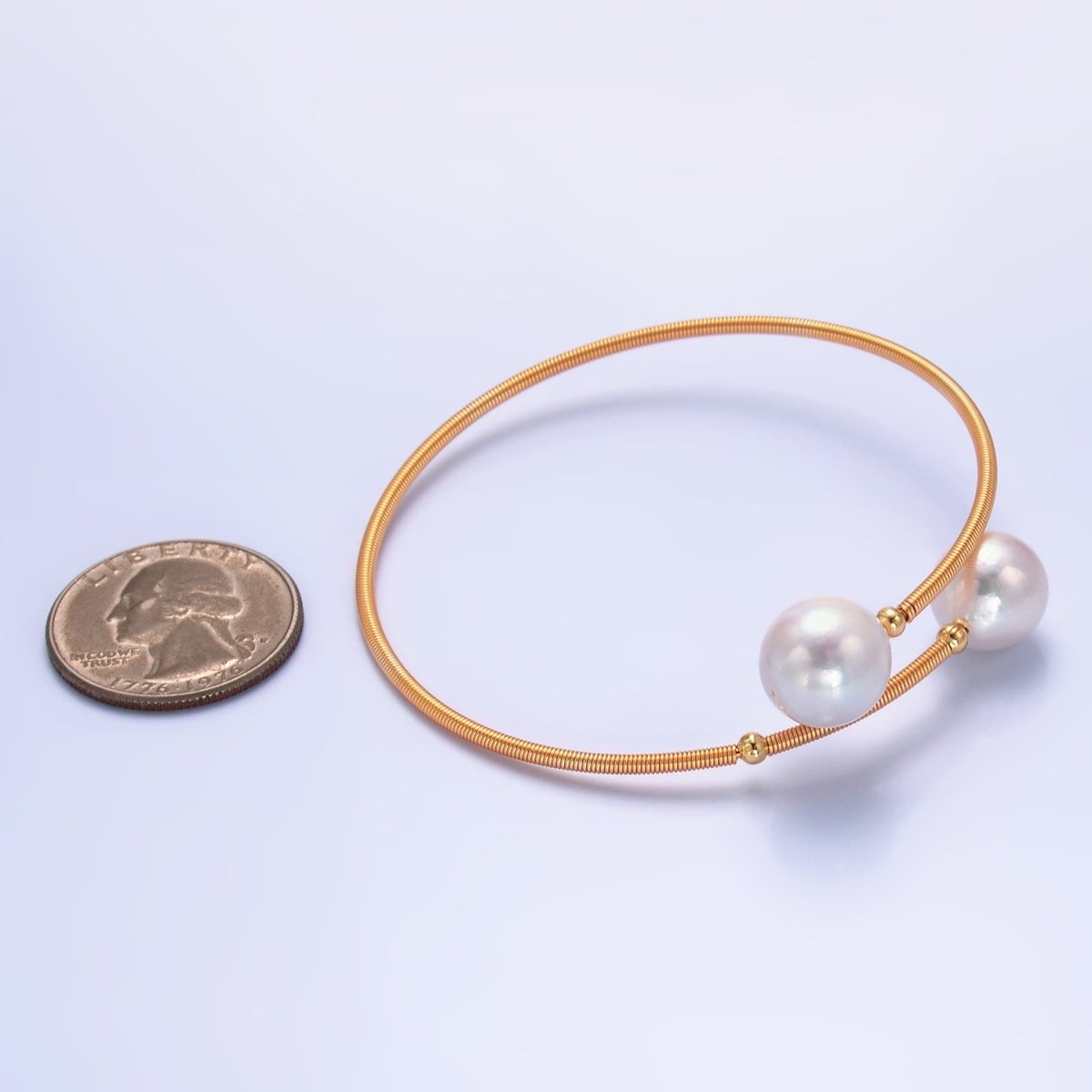 24K Gold Filled Shell Pearl Ribbed Spring Wrap Cuff Bracelet | WA-2716