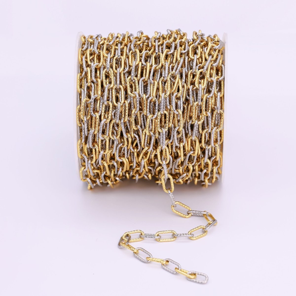 24K Gold Plated Line-Textured Mixed Metal Paperclip Unfinished Chain by Yard | Roll-1529