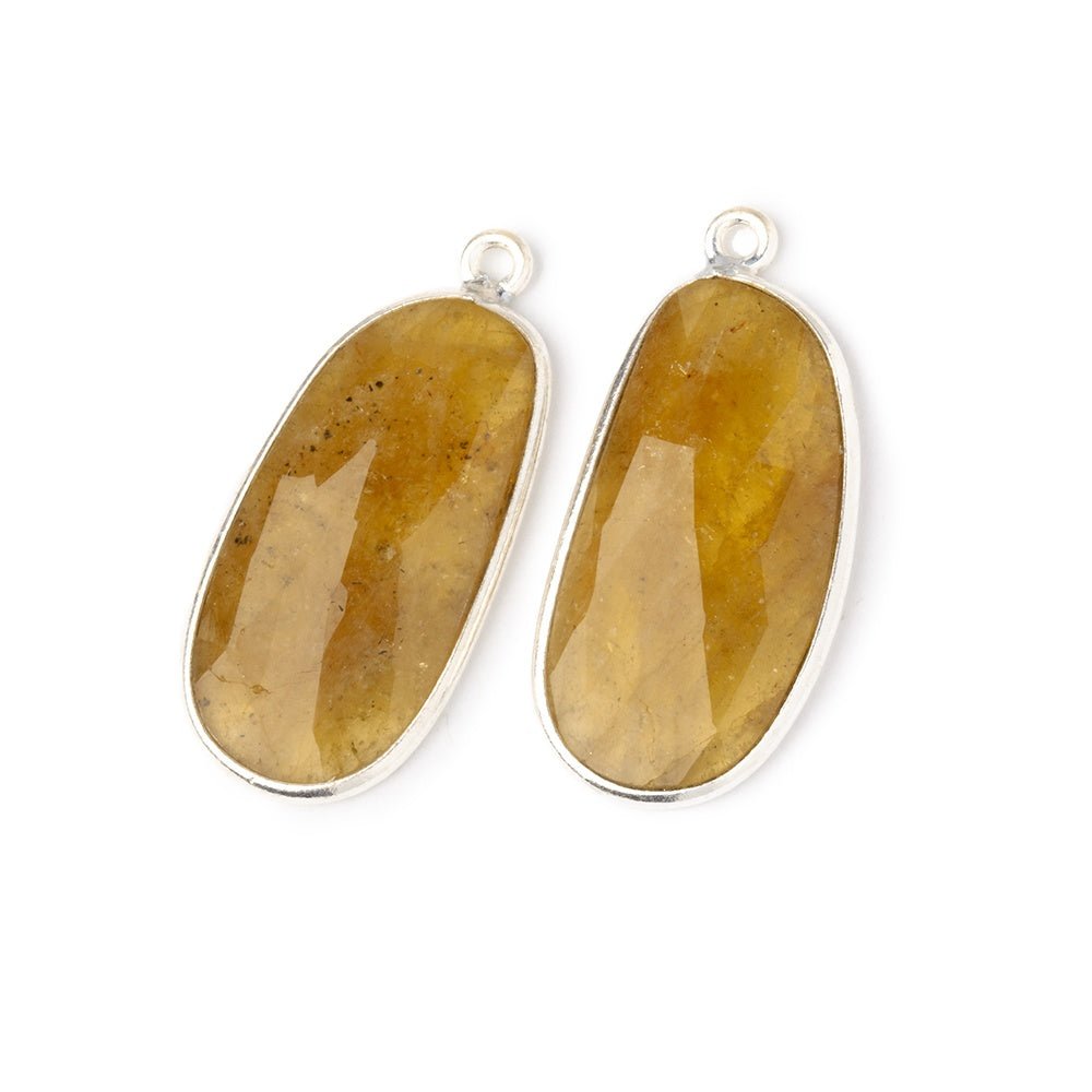 27.5x13mm .925 Silver Bezel Yellow Beryl Faceted Freeform Set of 2 Pendants