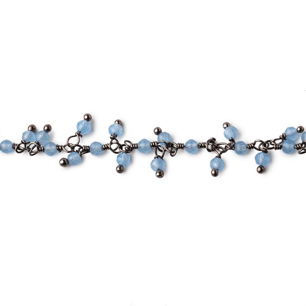 2mm Santorini Blue Chalcedony Micro Faceted Rounds on Black Gold Plated Dangling Chain