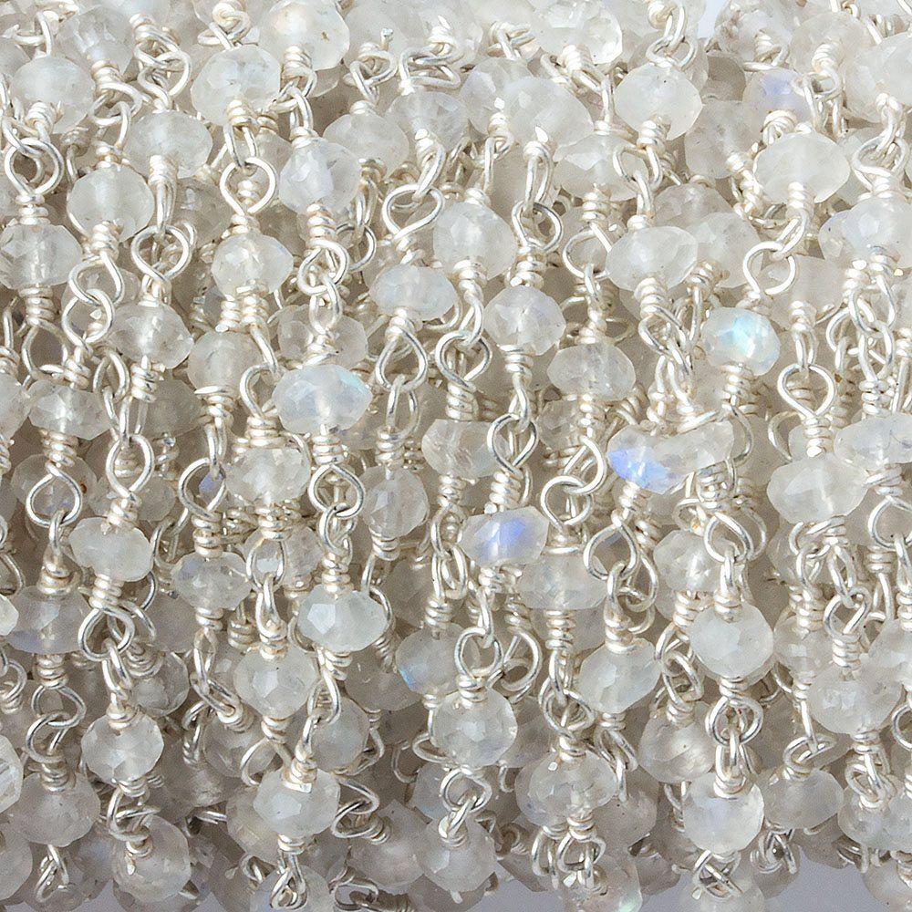 3-3.5mm Rainbow Moonstone Silver plated Wire Wrapped Chain 38 pcs