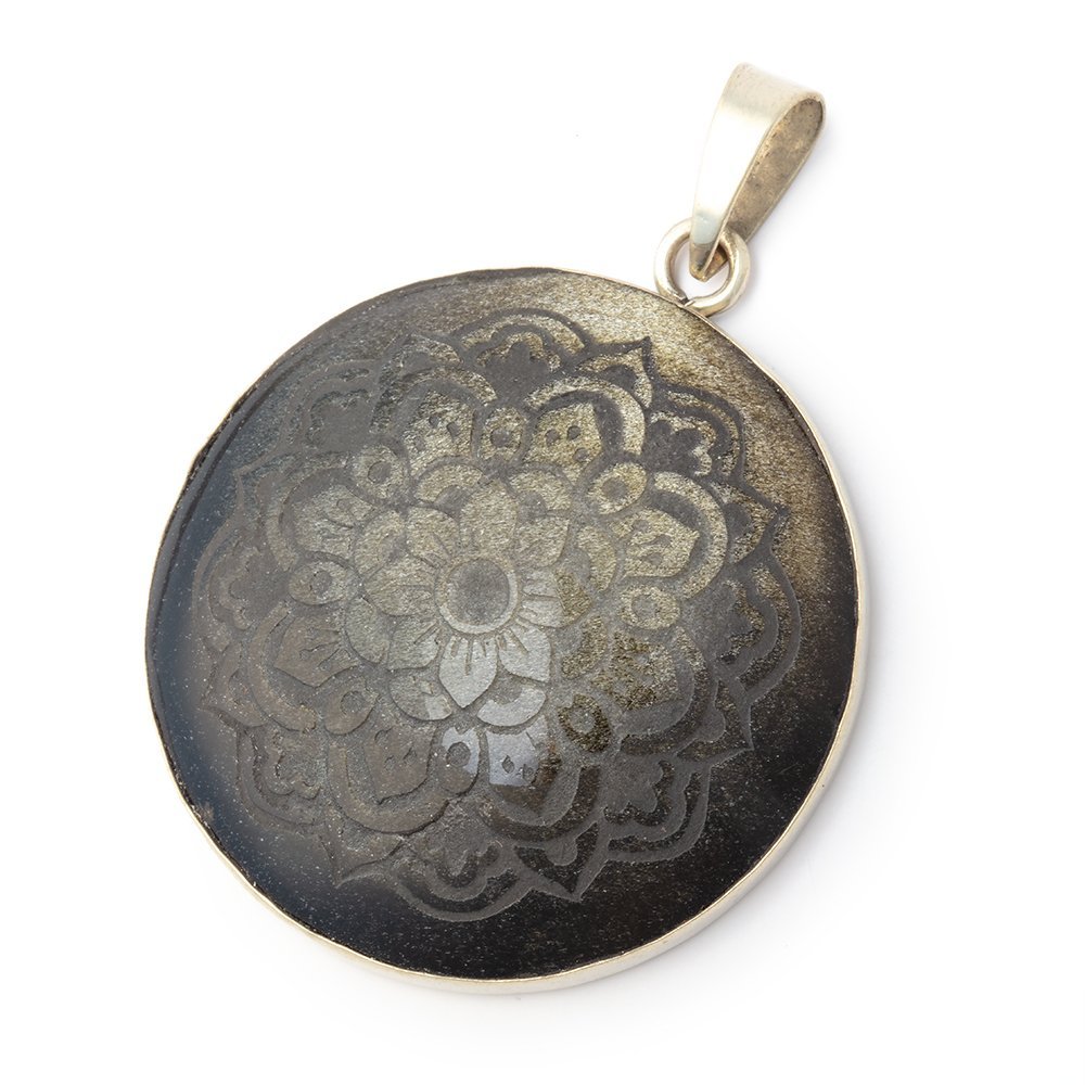 33.5mm .925 Silver Bezel Golden Sheen Obsidian Carved Coin Pendant 1 Piece