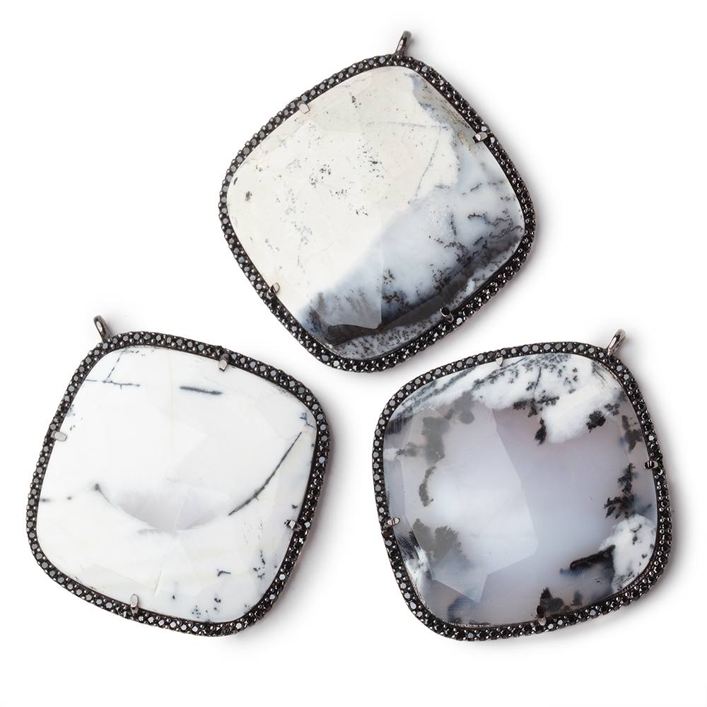 33mm Black Gold & Black CZ Bezel Dendritic Opal Cushion Pendant 1 Focal