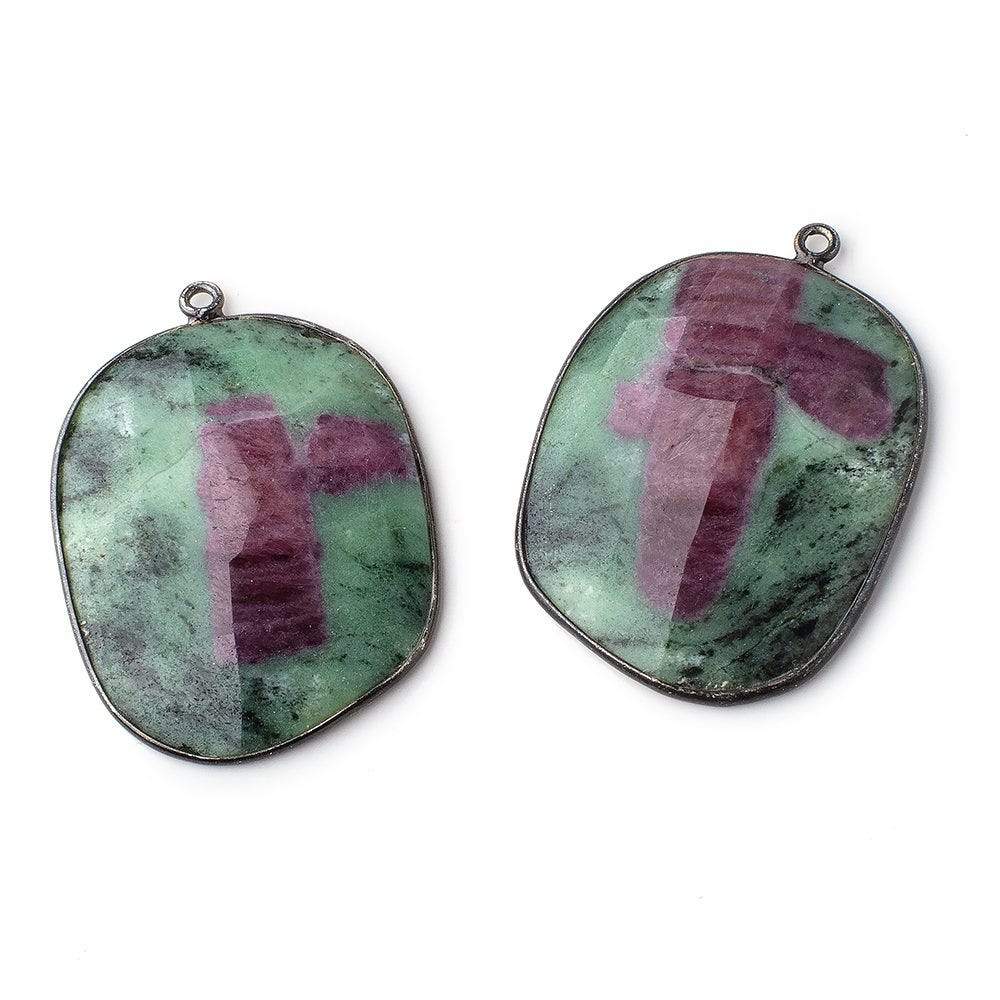 33x27mm Black Gold Bezeled Ruby in Zoisite Freeform Set of 2 Pendants