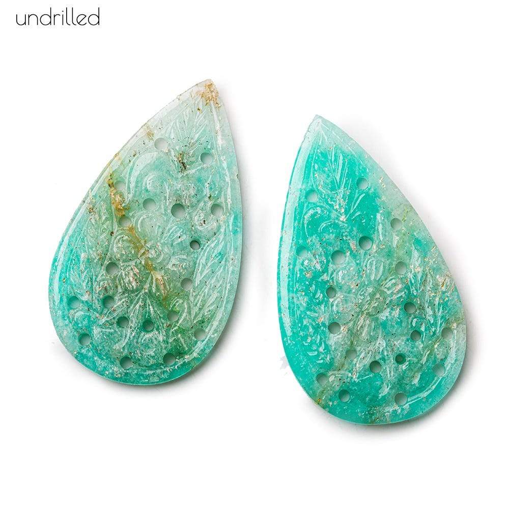 39x23x3mm Amazonite Gem Quality Hand Carved Pear Focal Set of 2